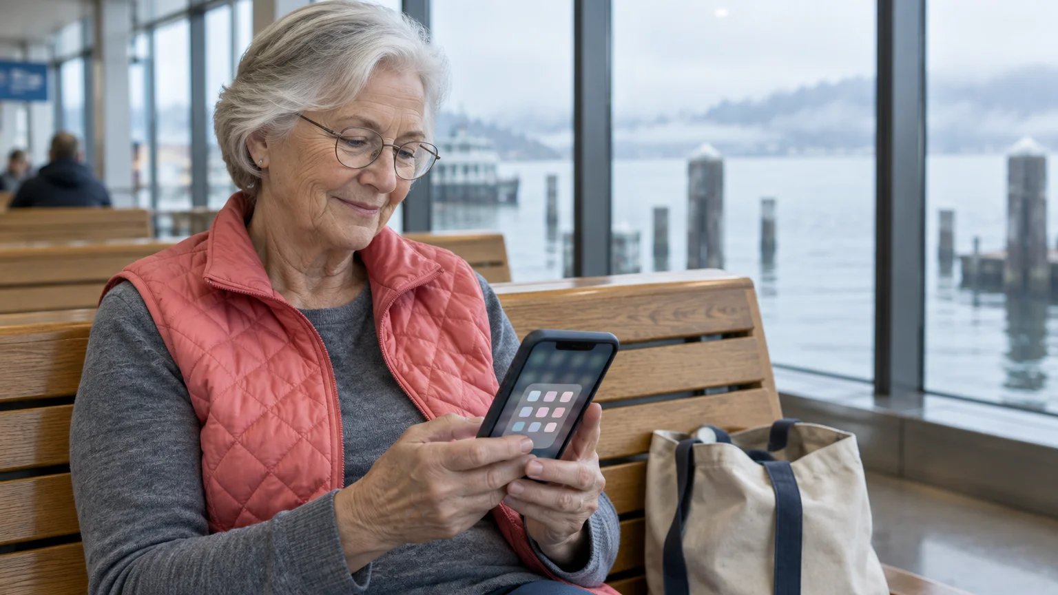 Senior woman sitting on a wooden bench by a waterfront window, looking at an app folder on her smartphone.
