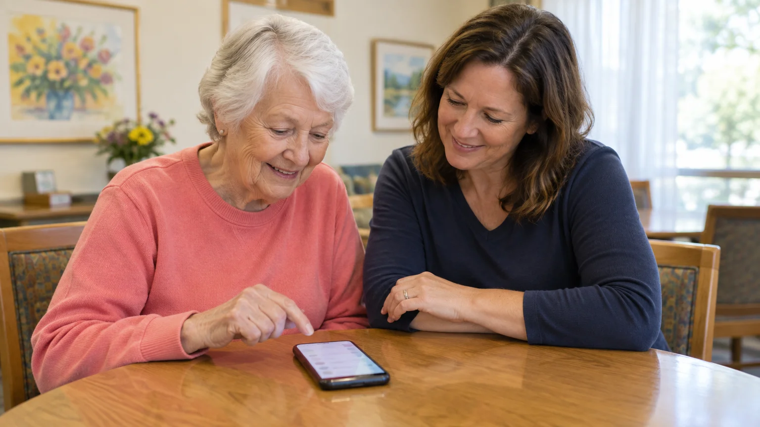 An older woman points at a smartphone on a wooden table while a younger woman sits beside her and smiles.