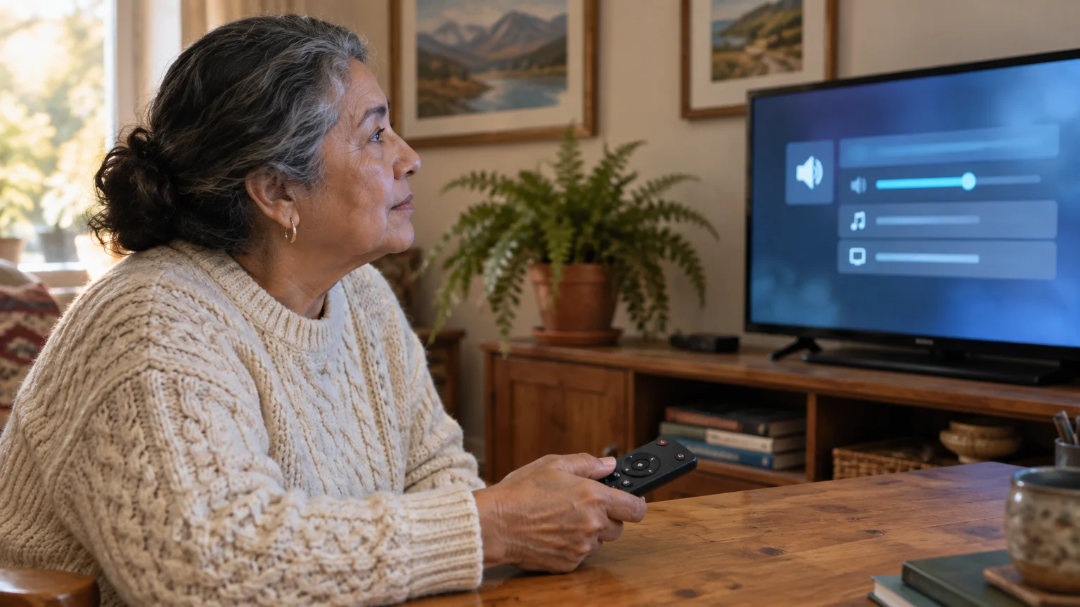 A woman sitting at a wooden table holds a remote control pointed at a television displaying a blue audio settings menu.