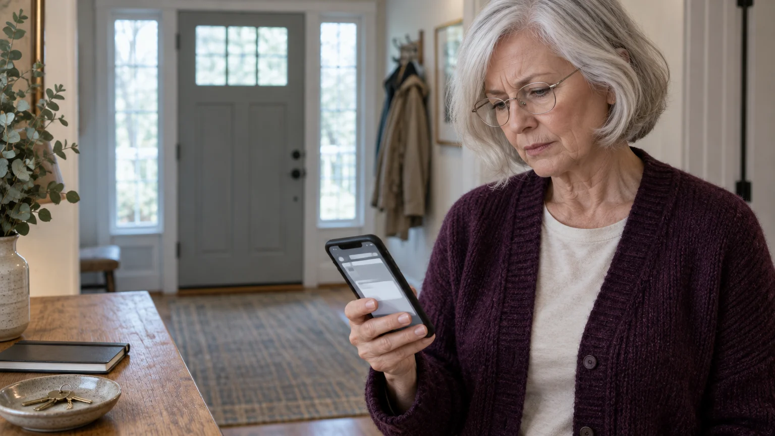 A senior woman with glasses and grey hair frowning while looking down at her smartphone inside an entryway.