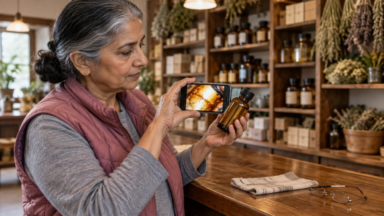 A woman holds a smartphone horizontally to magnify the label of a small amber glass bottle in a shop.