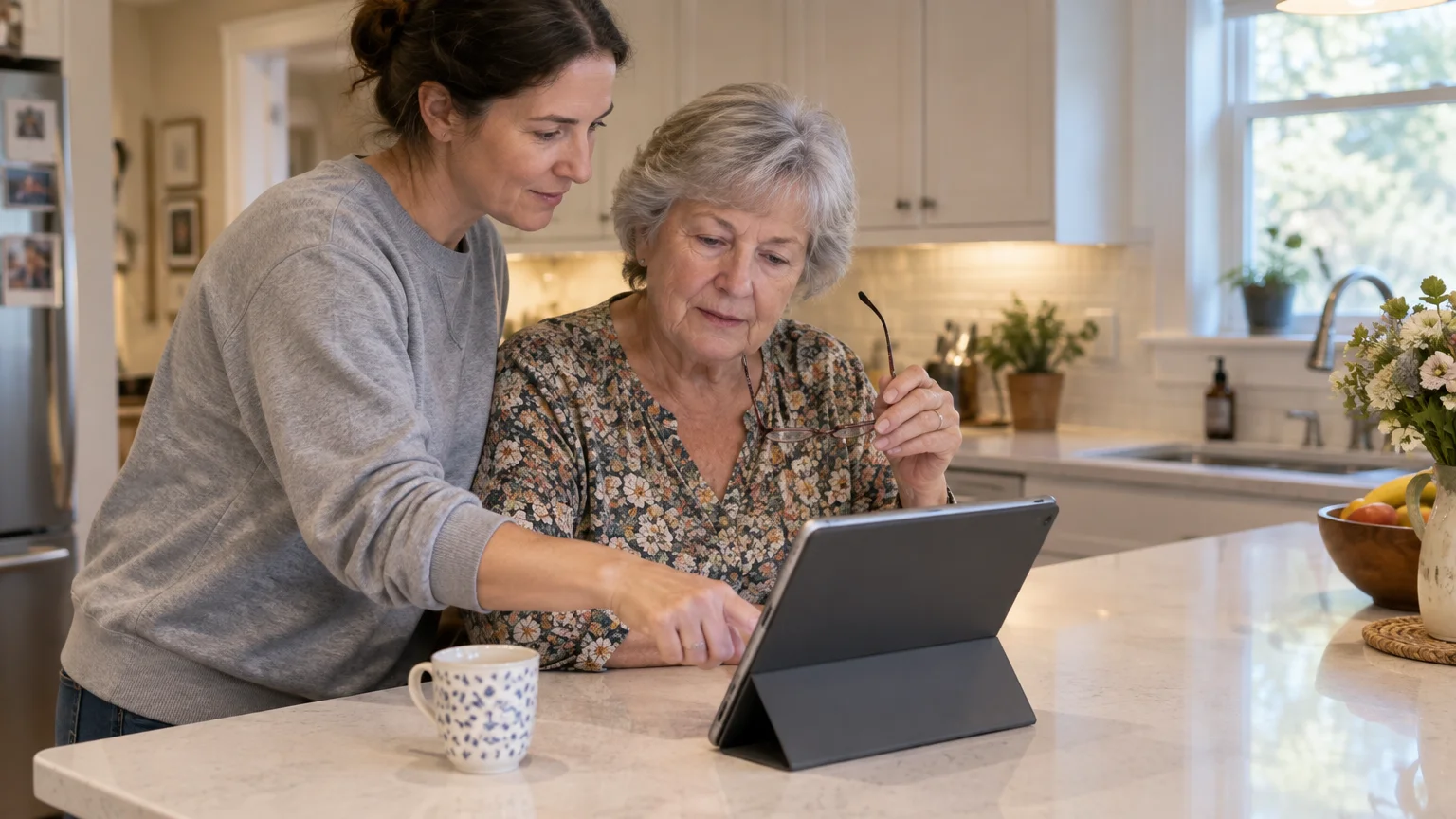 A younger woman and an older woman looking together at a tablet computer on a kitchen island.