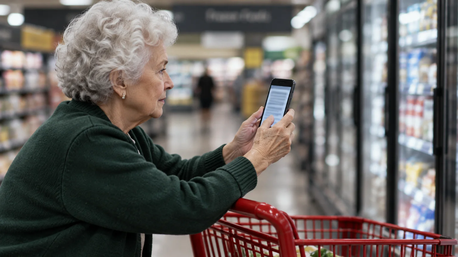 Senior woman with curly gray hair looking at her smartphone screen beside a grocery store refrigerated aisle.