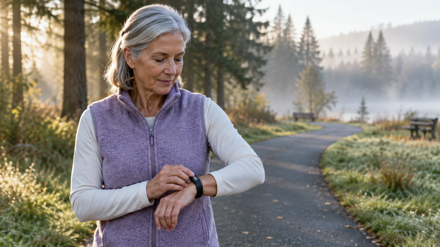 Senior woman in a purple fleece vest checks her fitness tracker while walking along a paved path in a misty park.