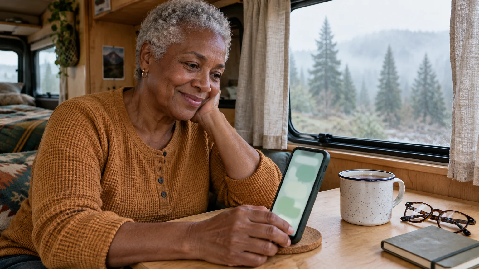 An older woman smiles at her phone while sitting at a wooden table inside a camper van overlooking misty pines.