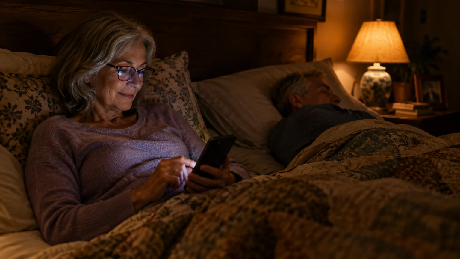 A smiling woman with glasses uses her smartphone in bed at night while a man sleeps beside her under quilts.