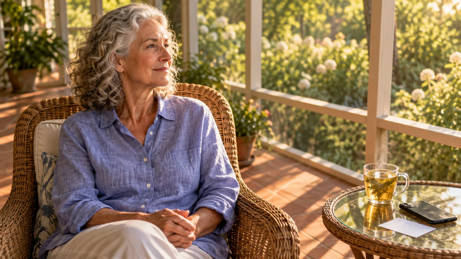 A senior woman sits in a wicker armchair on a sunlit porch near a smartphone and mug of tea on a small table.