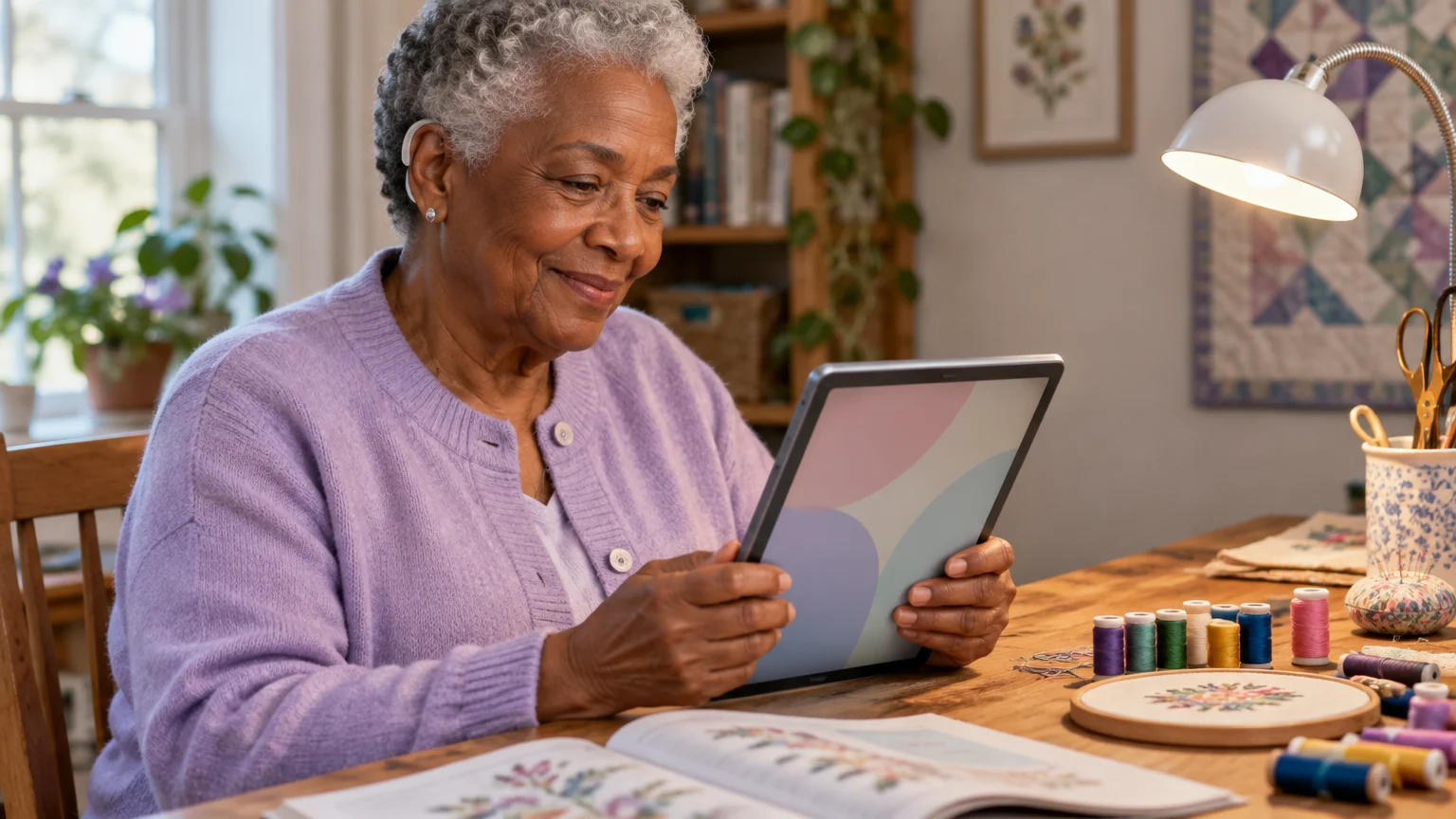 Senior woman wearing a hearing aid and purple cardigan sitting at a table looking at a tablet.