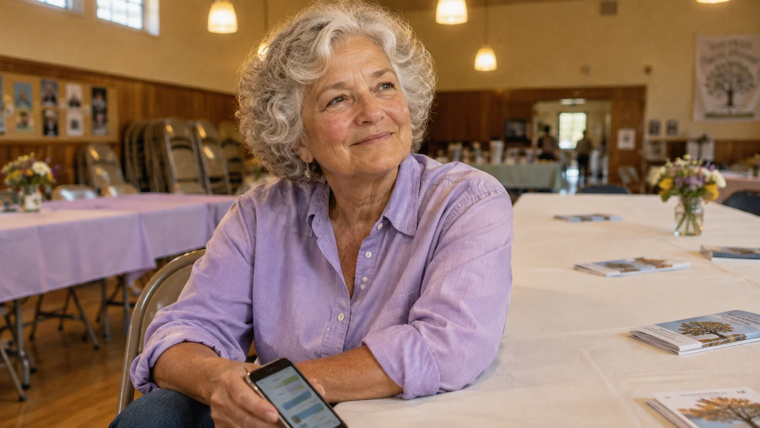 Older woman with curly gray hair sitting at a banquet table, smiling while holding a smartphone showing a chat screen.