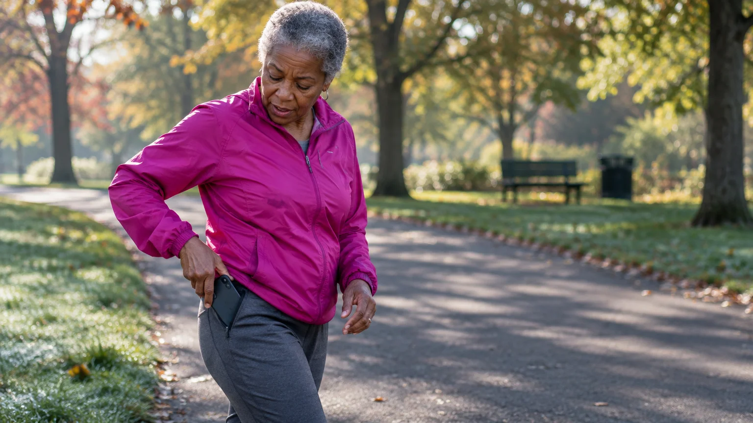 Woman in a pink jacket sliding a smartphone into her pants pocket while walking along a paved park path.