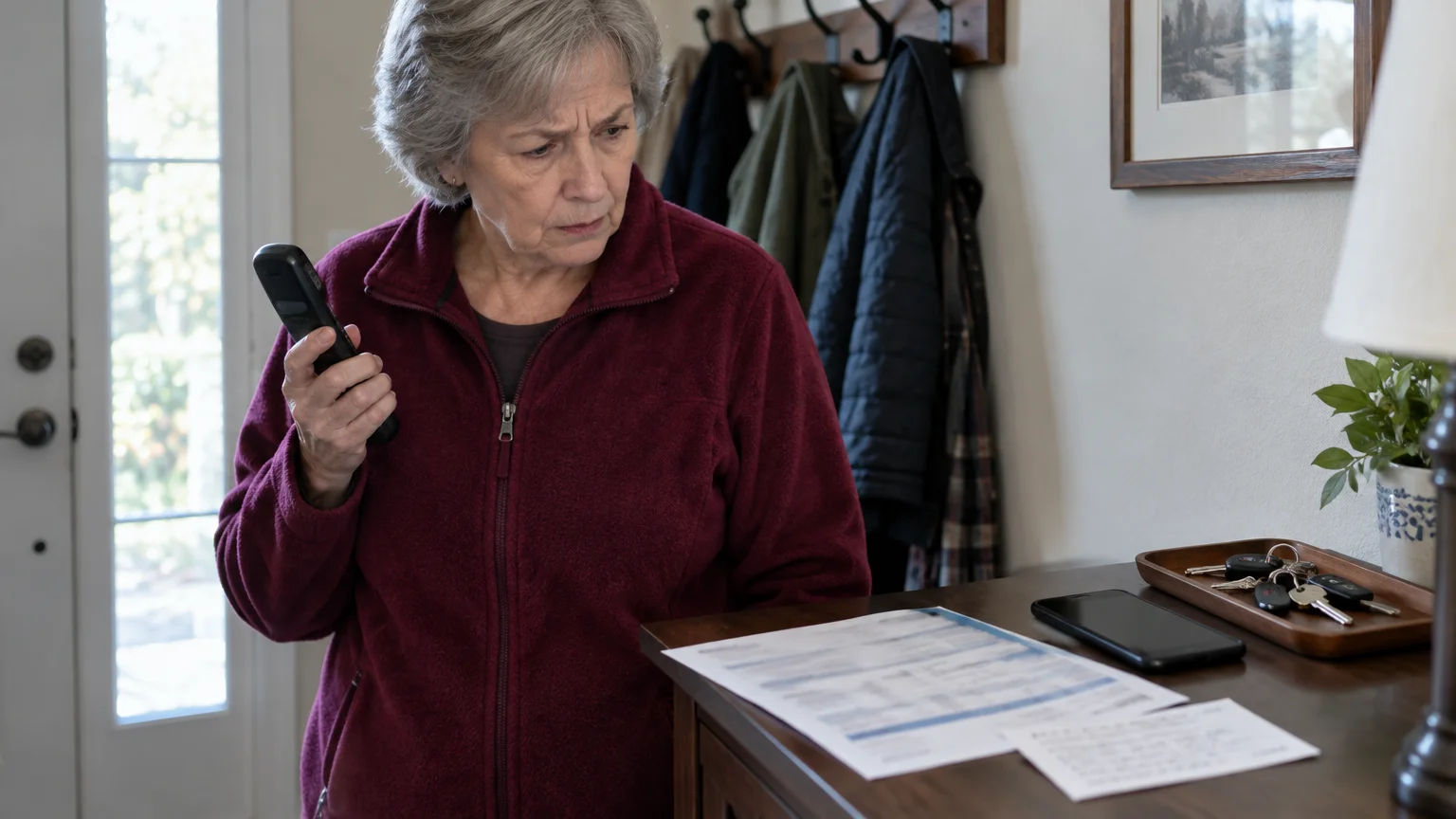 A woman holding a cordless telephone looks down with a concerned expression at paperwork on an entryway table.