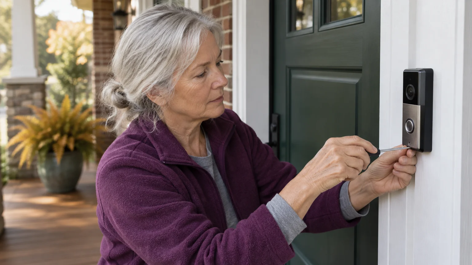 A senior woman with grey hair uses a screwdriver to install a modern video doorbell next to her front door.