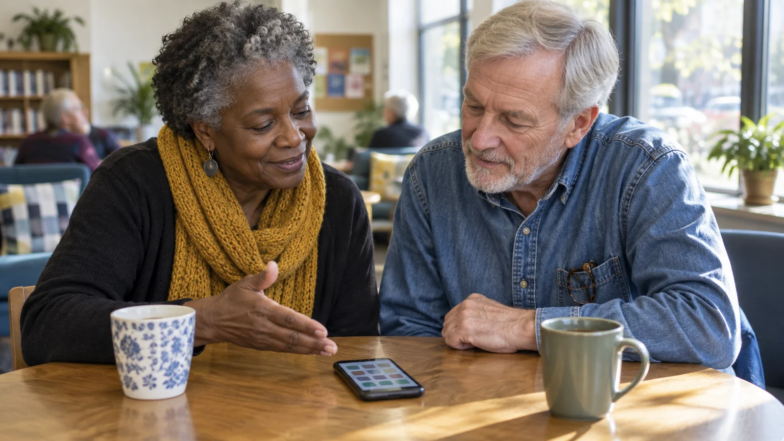 A woman and a man sit at a wooden table looking down at a smartphone resting between two coffee mugs.