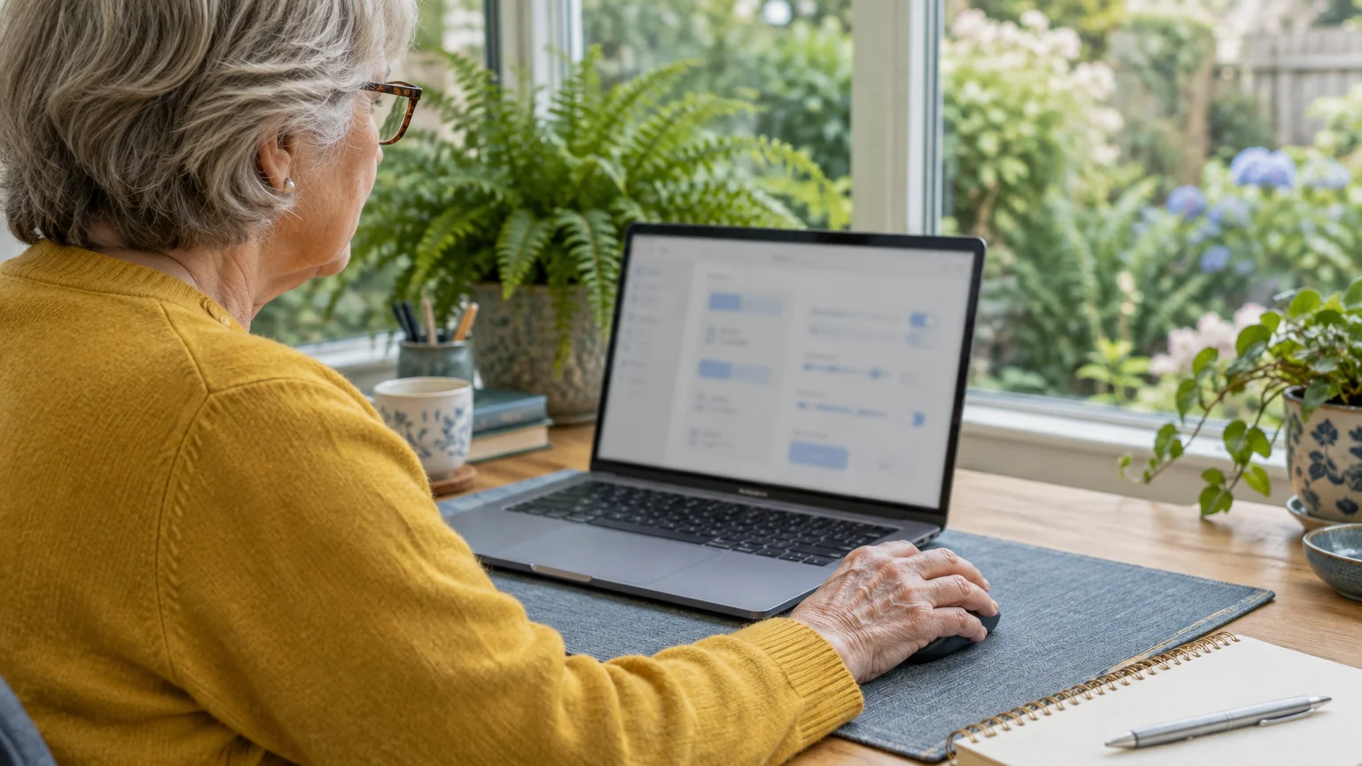 A woman sits at a wooden desk using a mouse and laptop near a window filled with green plants.