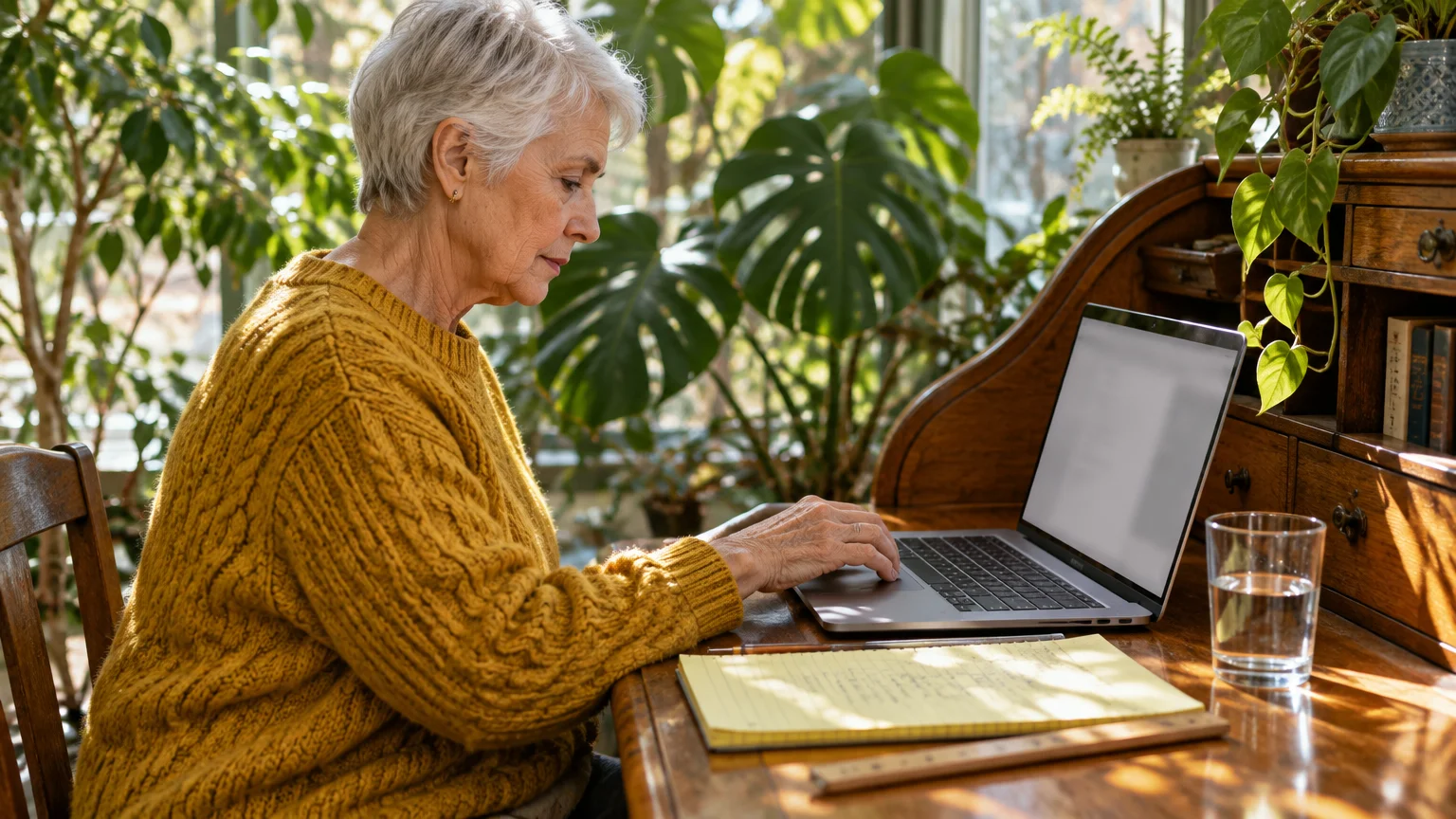 Senior woman with short gray hair in a yellow sweater typing on a laptop at a wooden rolltop desk with houseplants.