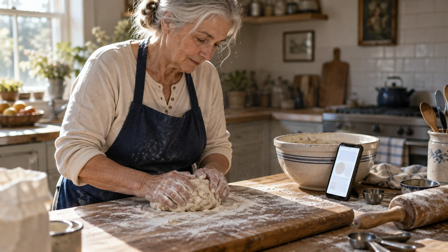 An elderly woman in an apron kneads dough on a floured wooden board next to a propped smartphone displaying a screen.