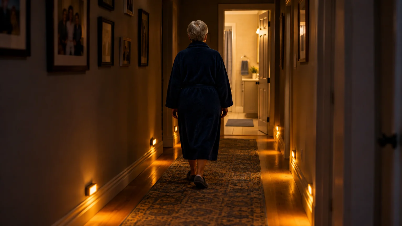 Woman in a blue robe walking down a dim hallway illuminated by low, warm night lights along the baseboards.