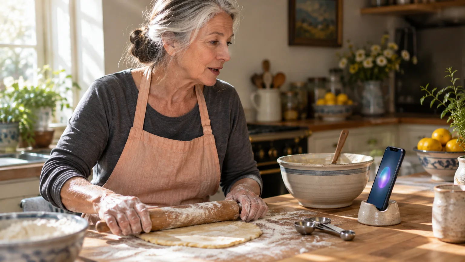 Older woman rolling dough in a sunlit kitchen while looking at a smartphone propped up on a stand.