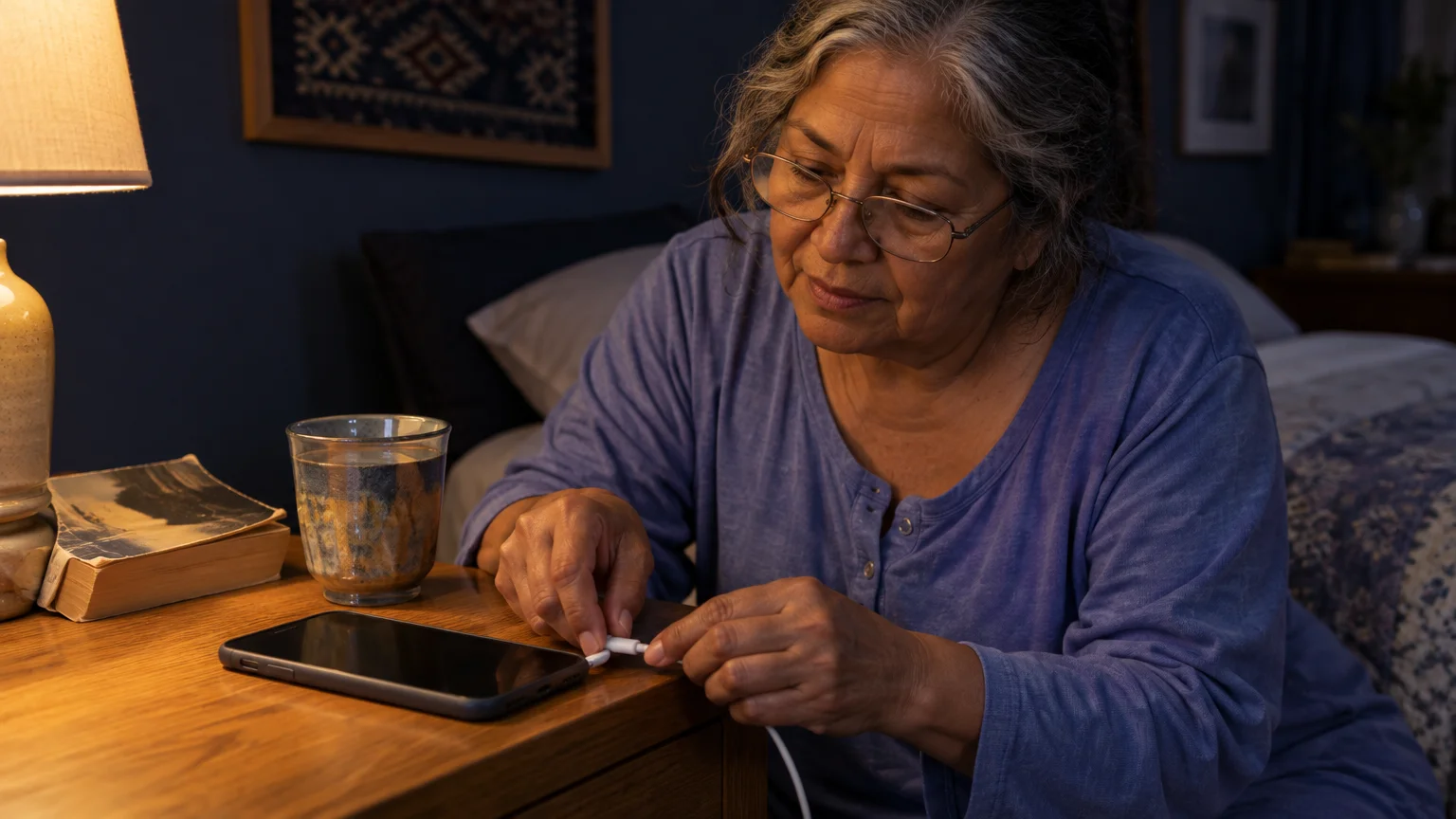 A woman with glasses plugs a white charging cable into her smartphone on a wooden nightstand beside a lamp.