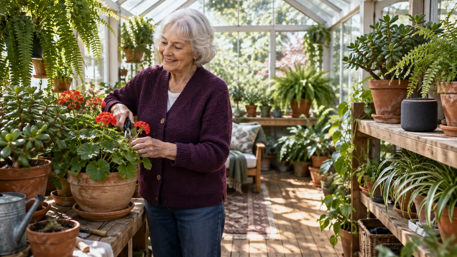 An older woman trims potted flowers in a sunlit greenhouse next to a smart speaker on a wooden shelf.