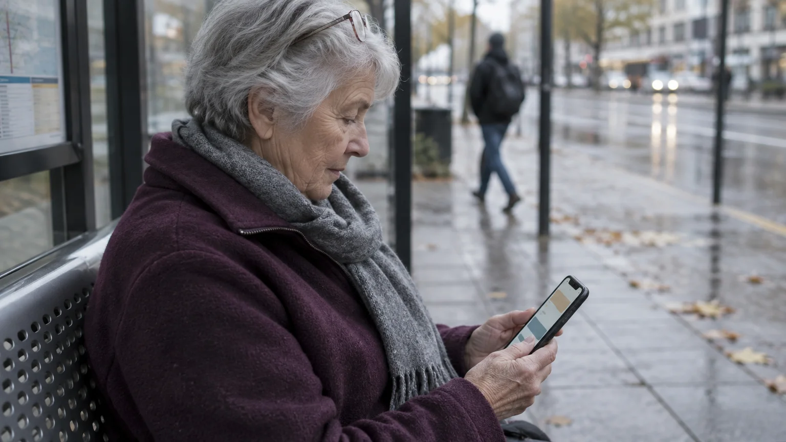 Older woman with short grey hair and a purple coat checks her smartphone while sitting at a wet city bus stop.