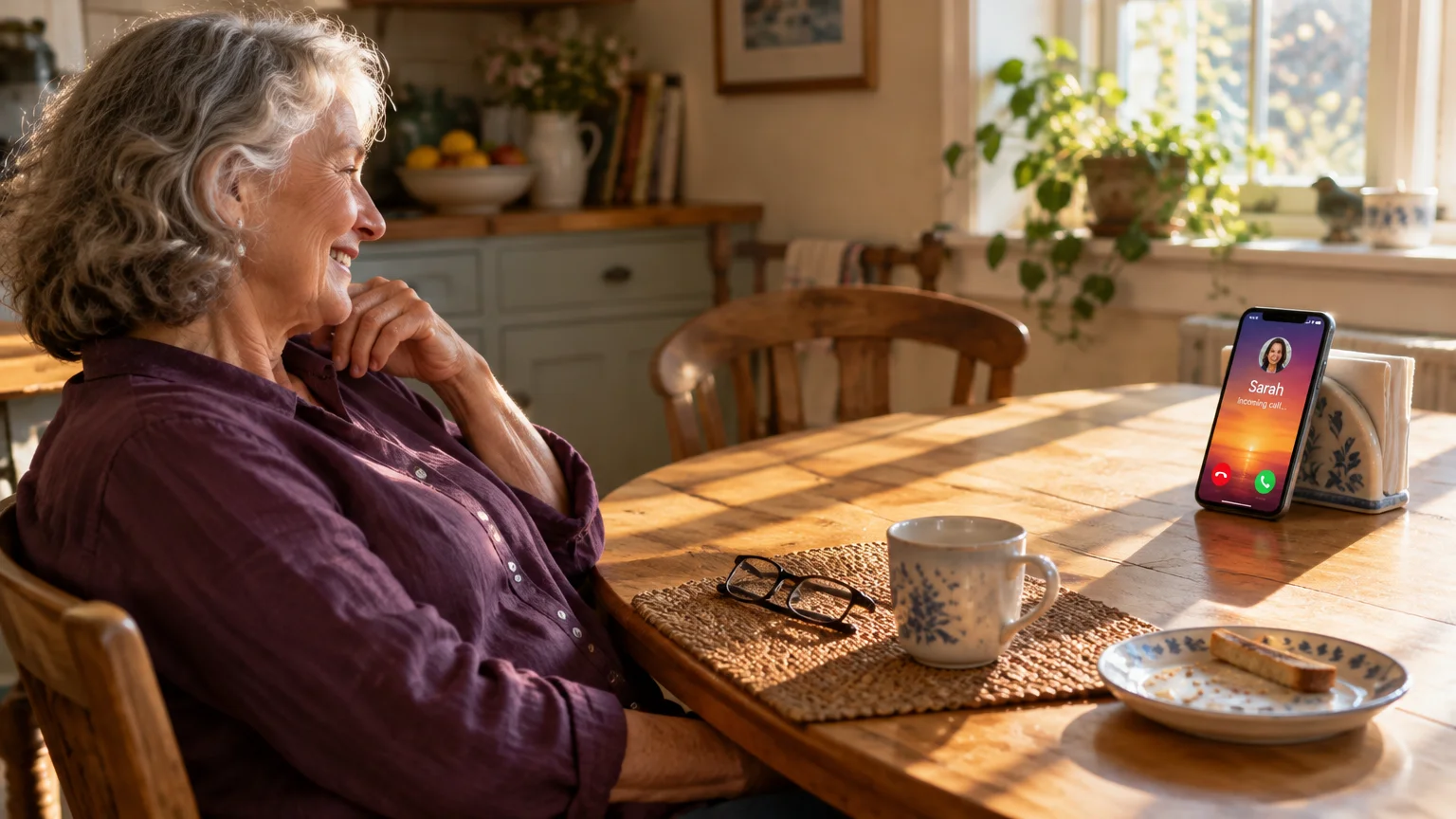A smiling older woman at a wooden table watches her phone prop upright displaying a full-screen incoming call from Sarah.