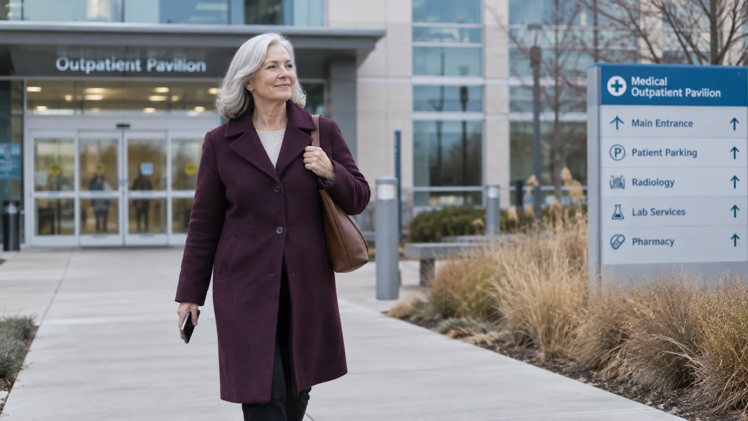 A smiling woman holding a smartphone walks along a sidewalk outside an outpatient medical pavilion.