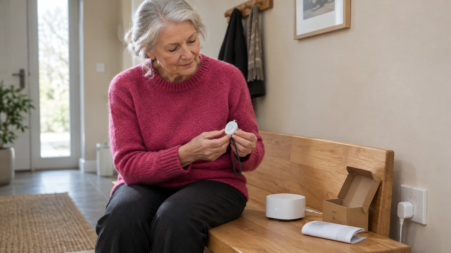 Senior woman sitting on a wooden bench holding a medical alert button next to a base unit, box, and manual.