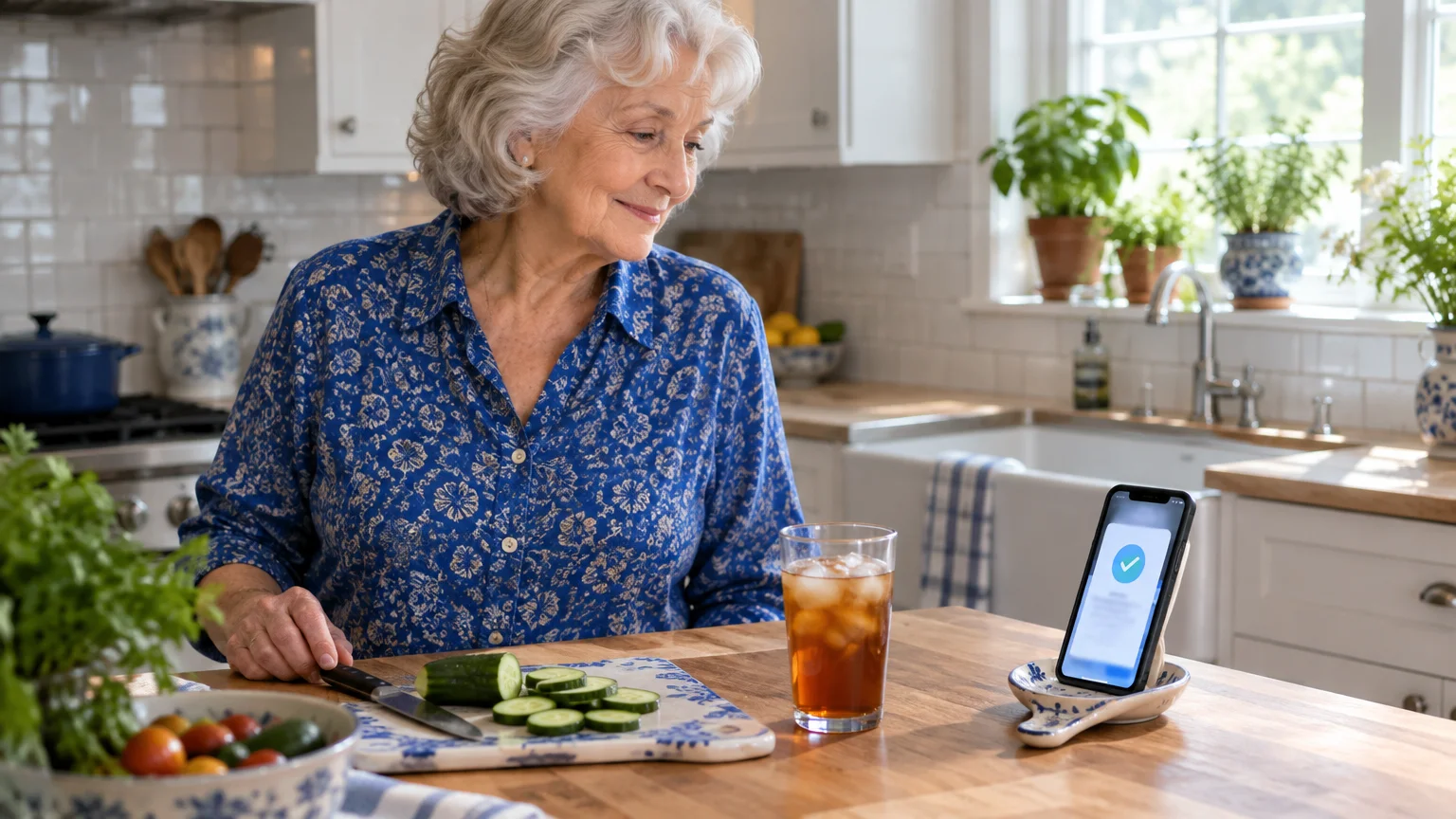 Senior woman slicing cucumbers in a kitchen while looking at a smartphone displaying a blue checkmark on its screen.