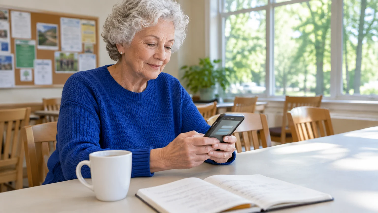 Senior woman with short gray hair in a blue sweater typing on a smartphone at a table beside a mug and open book.