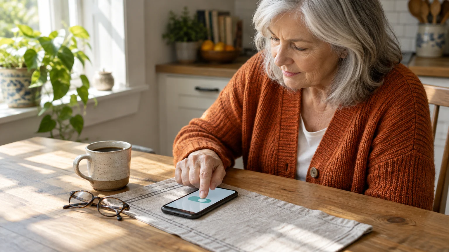 A senior woman tapping a toggle switch on a smartphone resting on a wooden kitchen table next to glasses and a mug.