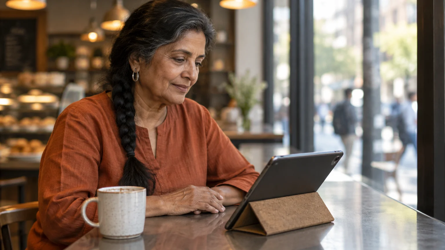 A woman sitting at a cafe table looks at a propped-up tablet next to a mug.