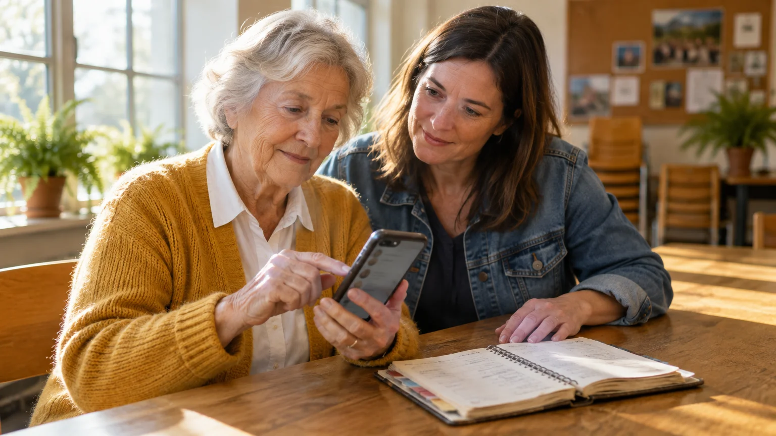 An older woman and a younger woman sit at a table looking at a smartphone next to an open paper address book.