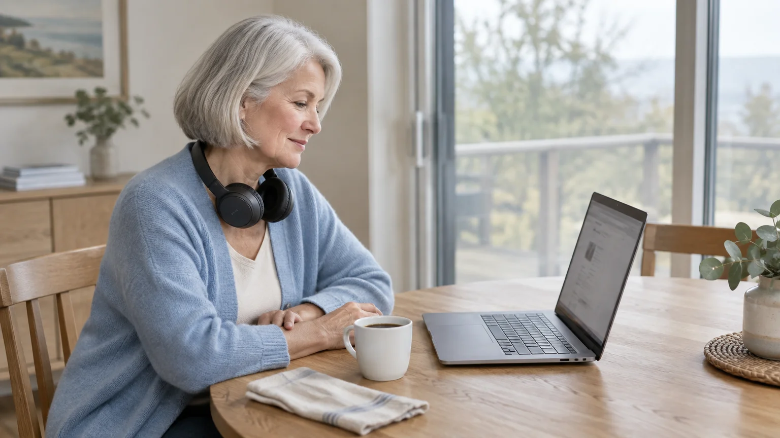 Senior woman with headphones resting on her neck sitting at a wooden table looking at an open laptop near a coffee cup.
