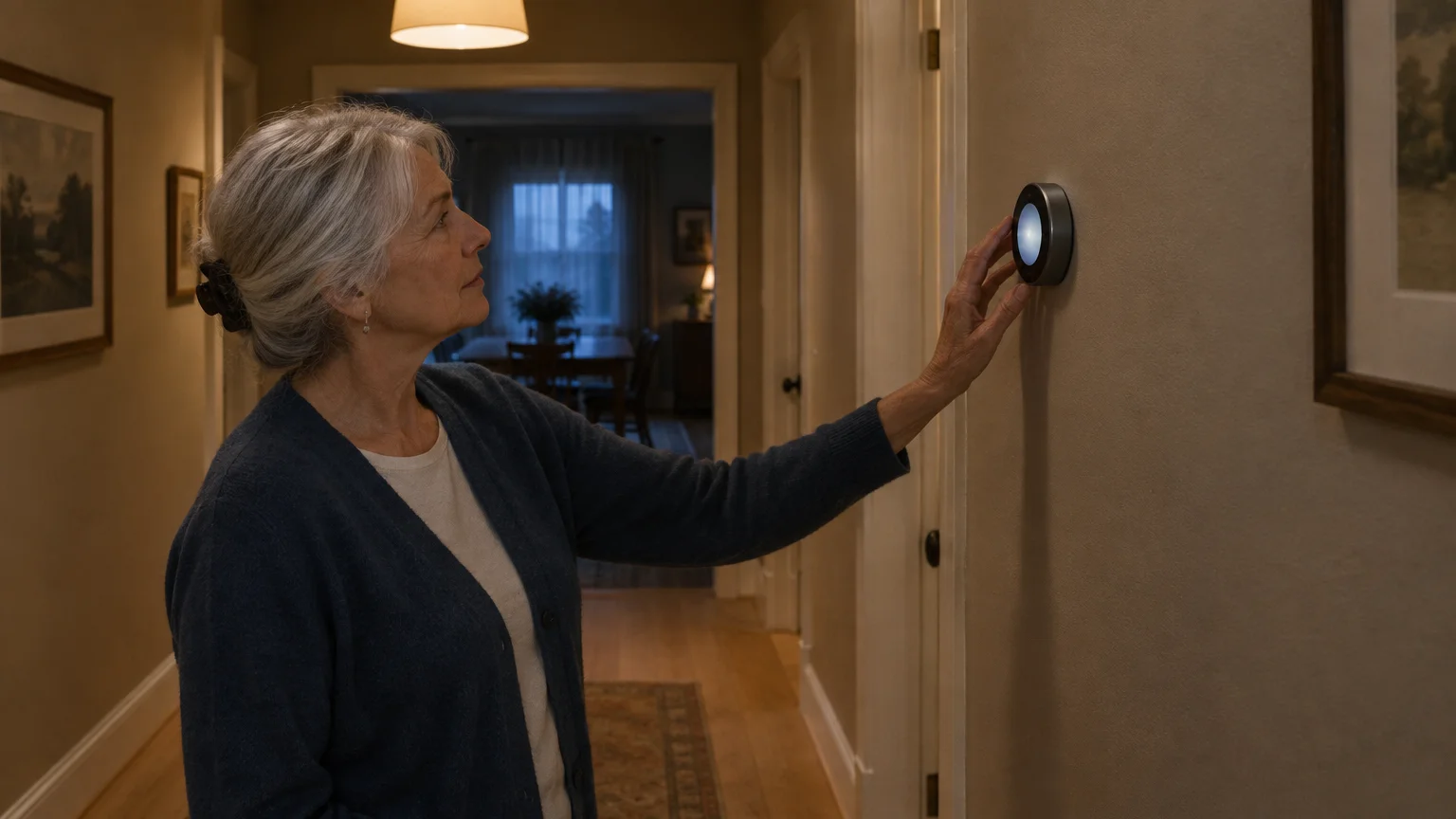 An older woman with gray hair touches a round smart thermostat mounted on a hallway wall.