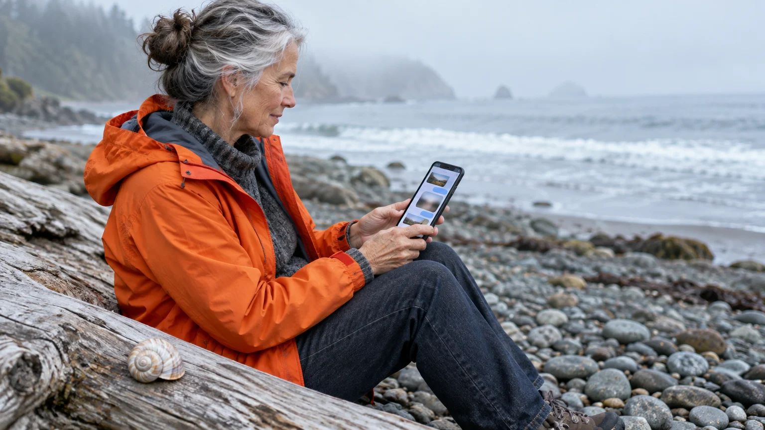A woman sitting on driftwood on a rocky beach, looking at a smartphone displaying a text message thread with photos.