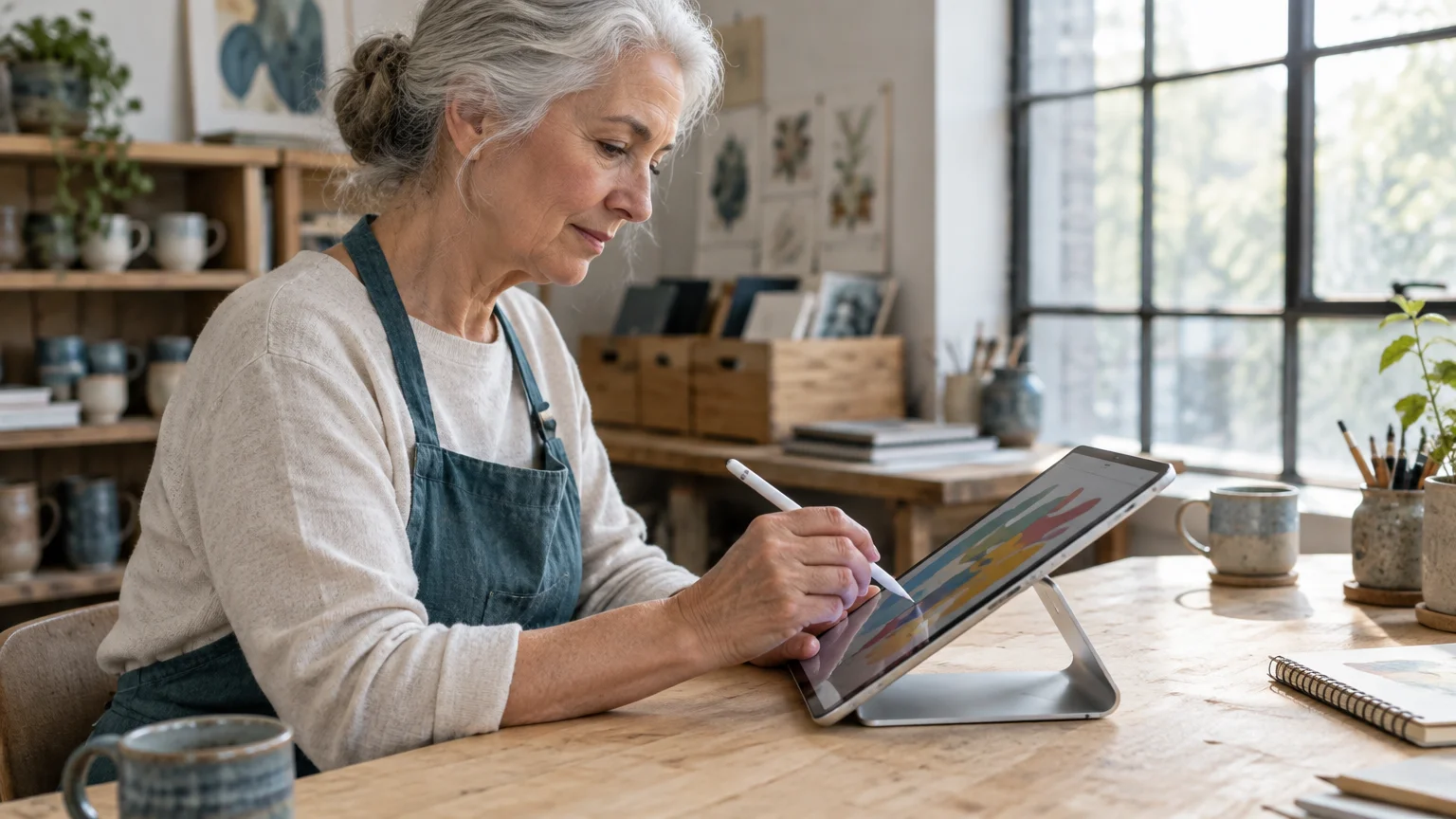 An older woman with gray hair sits at a wooden table using a white stylus on a propped-up tablet.