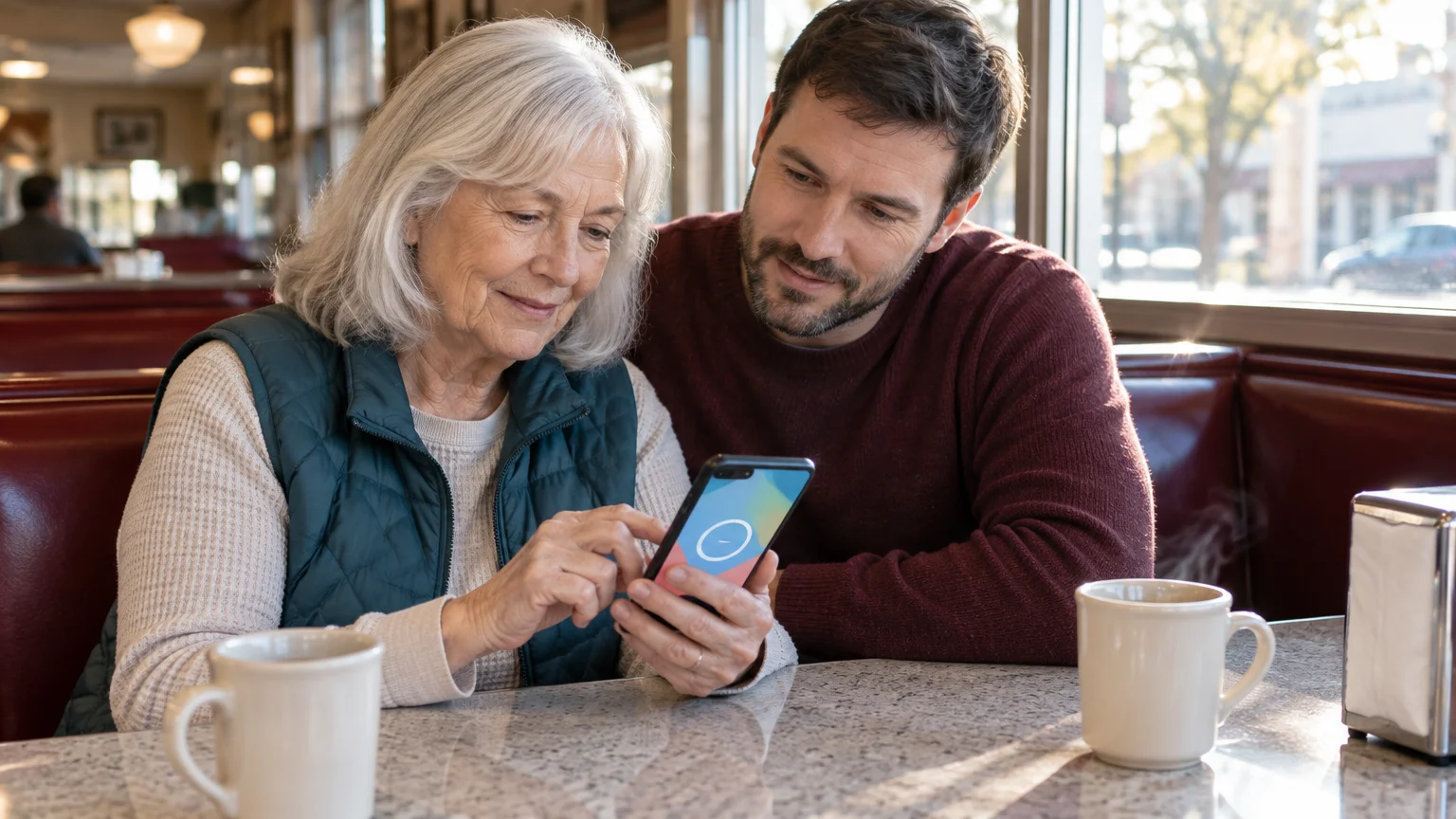 Older woman and younger man seated in a diner booth looking together at a smartphone screen.