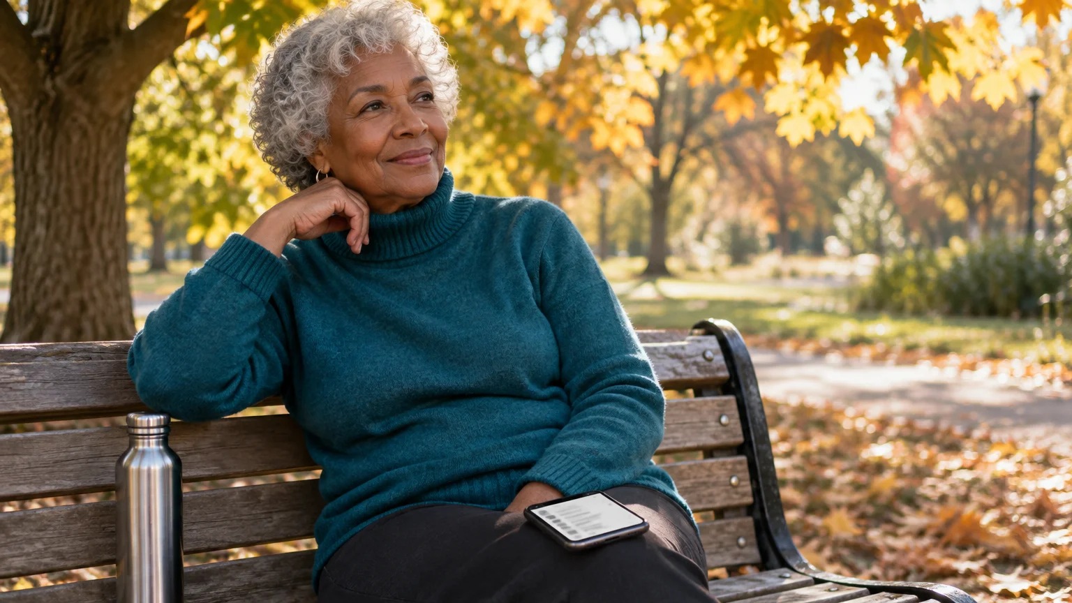 Senior woman sitting on a park bench in autumn with a smartphone resting on her lap next to a water bottle.