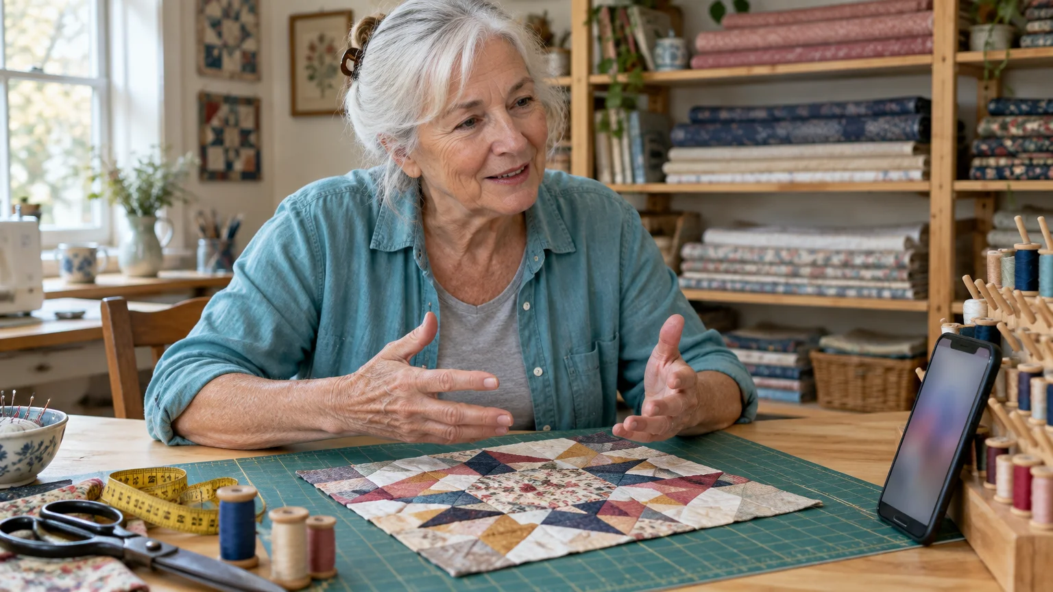 A senior woman sits at a sewing table with a quilt square, gesturing toward a propped smartphone on a stand.