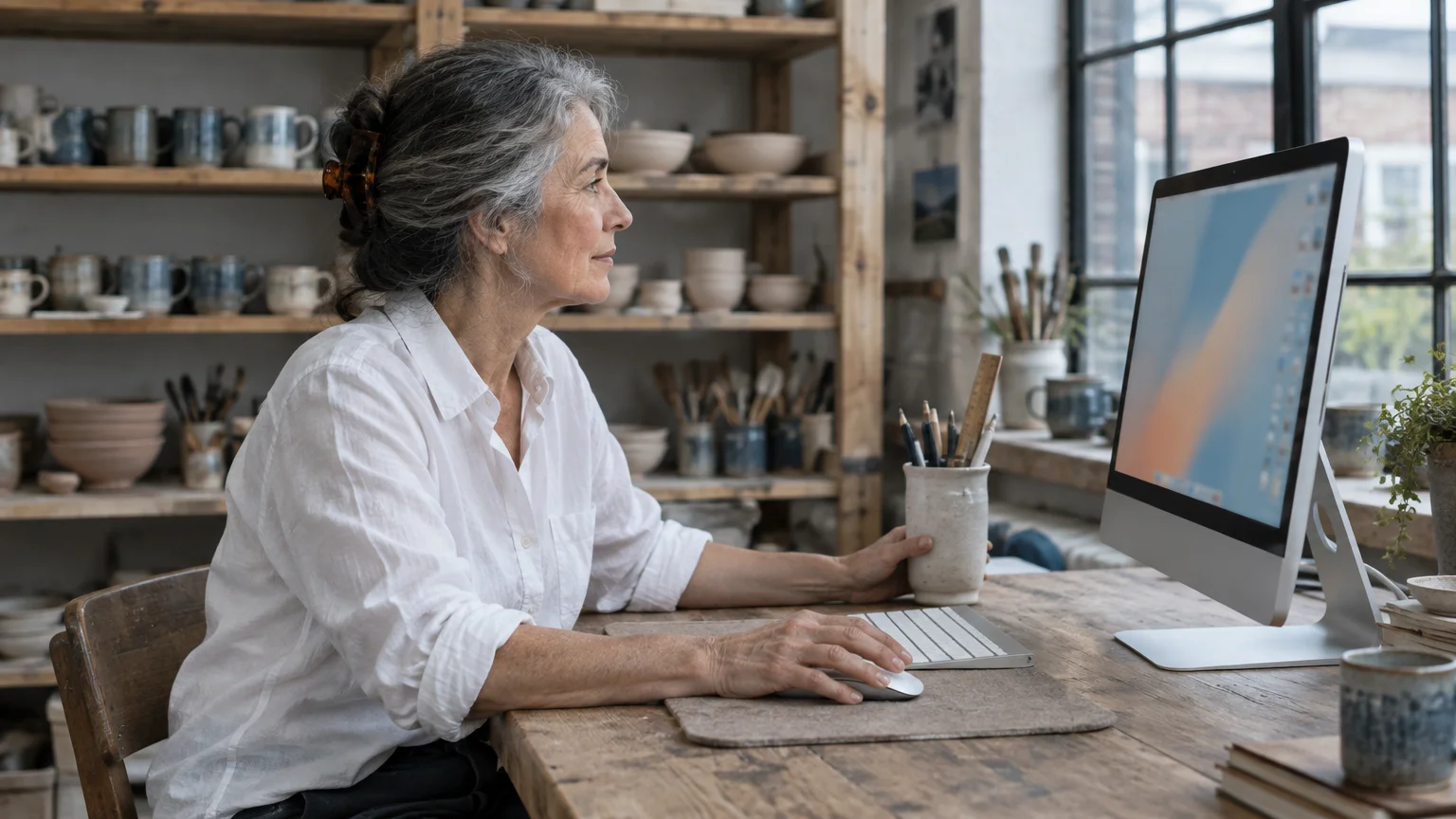 A woman with gray hair sits at a rustic wooden desk in a pottery studio, using a desktop computer and mouse.