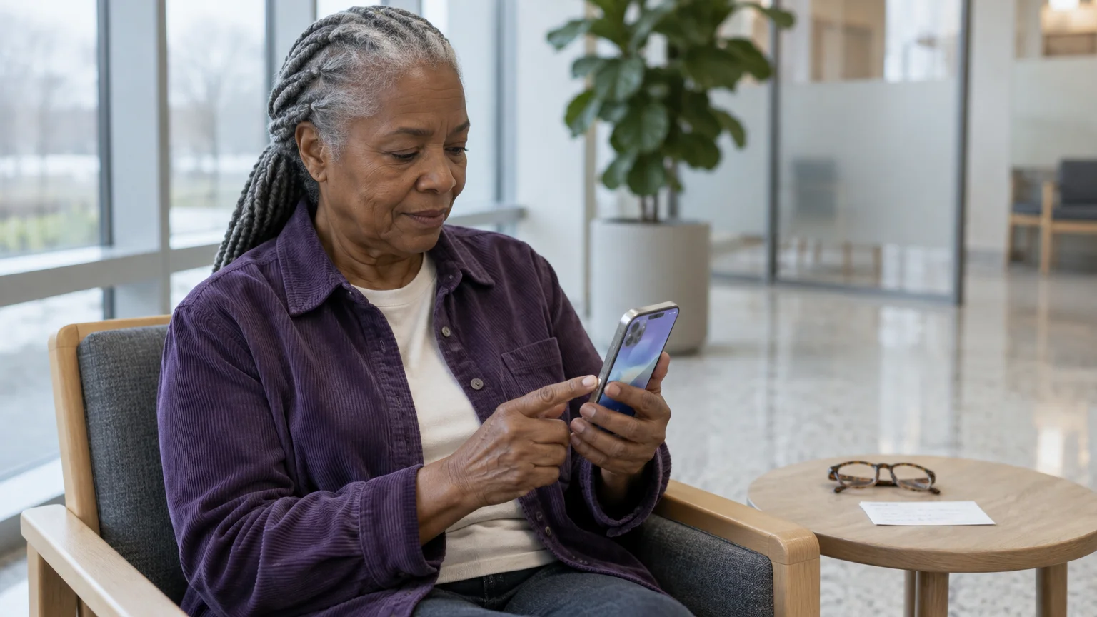 A senior woman with braided grey hair sits in an armchair looking at a smartphone held in her hands.