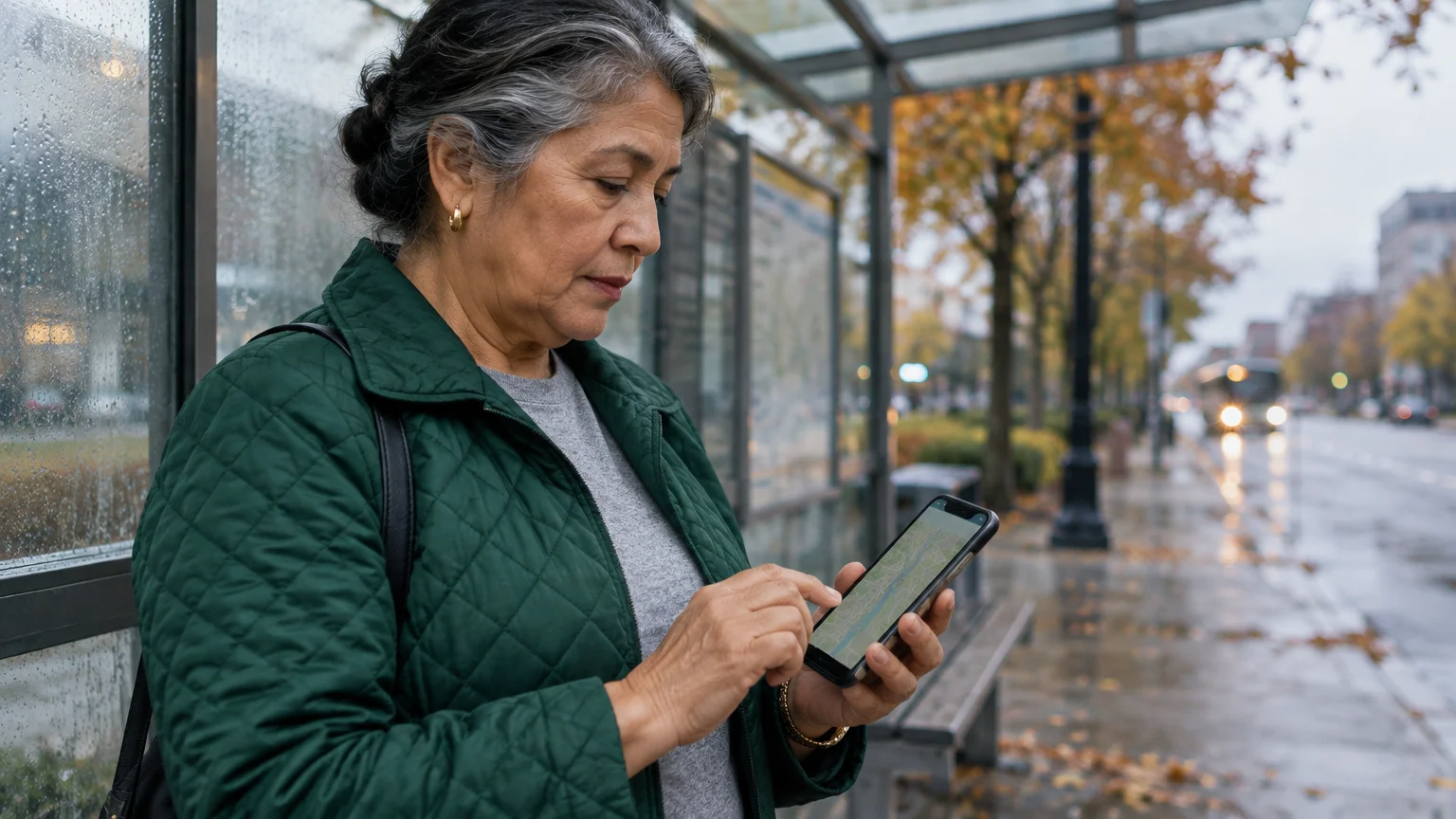 A woman standing at a bus stop holding a smartphone that displays a navigation map.