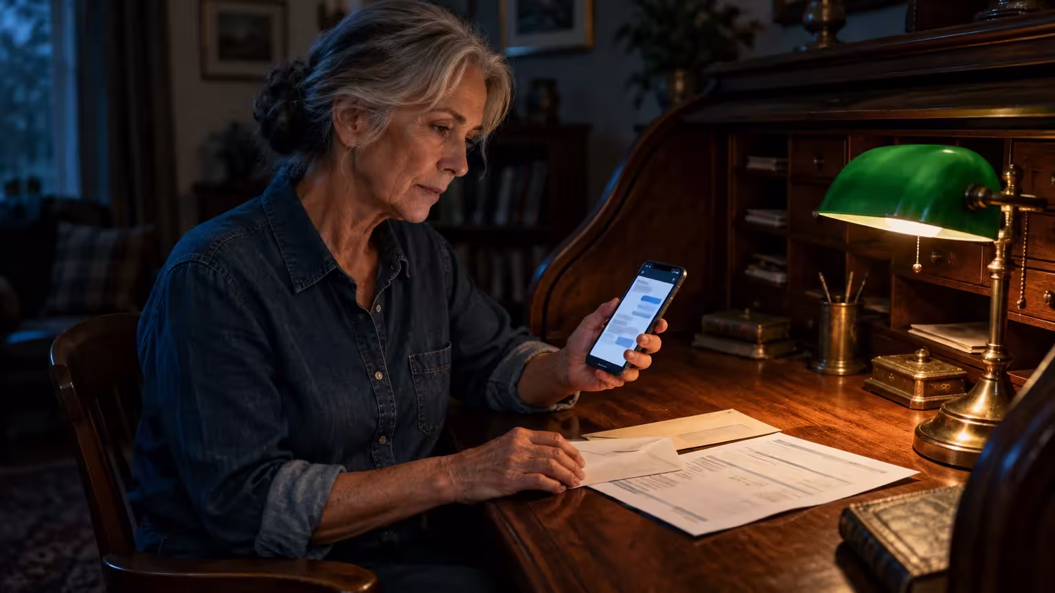 A woman sits at a wooden desk under a green lamp, looking at text messages on her smartphone beside paper mail.