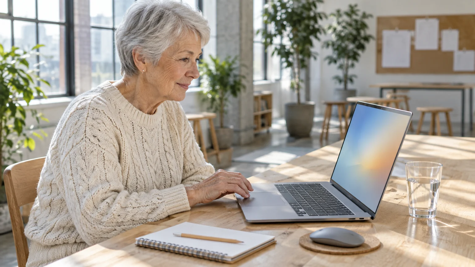 Senior woman with short gray hair smiling while using a laptop at a sunlit wooden table indoors.