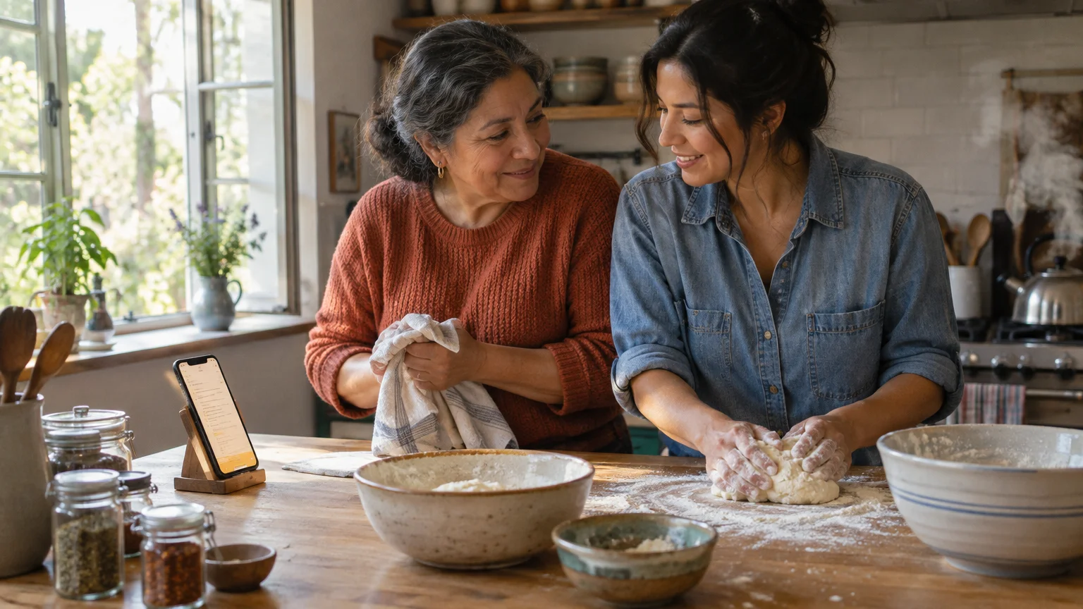 Two women baking together in a kitchen with dough on the counter and a smartphone propped on a stand.