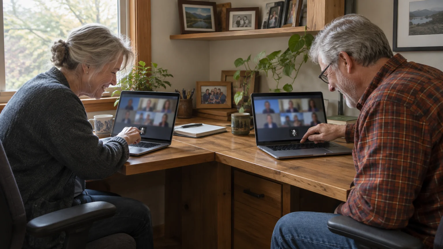 An older couple sits at a wooden corner desk, each attending the same video conference call on a laptop.