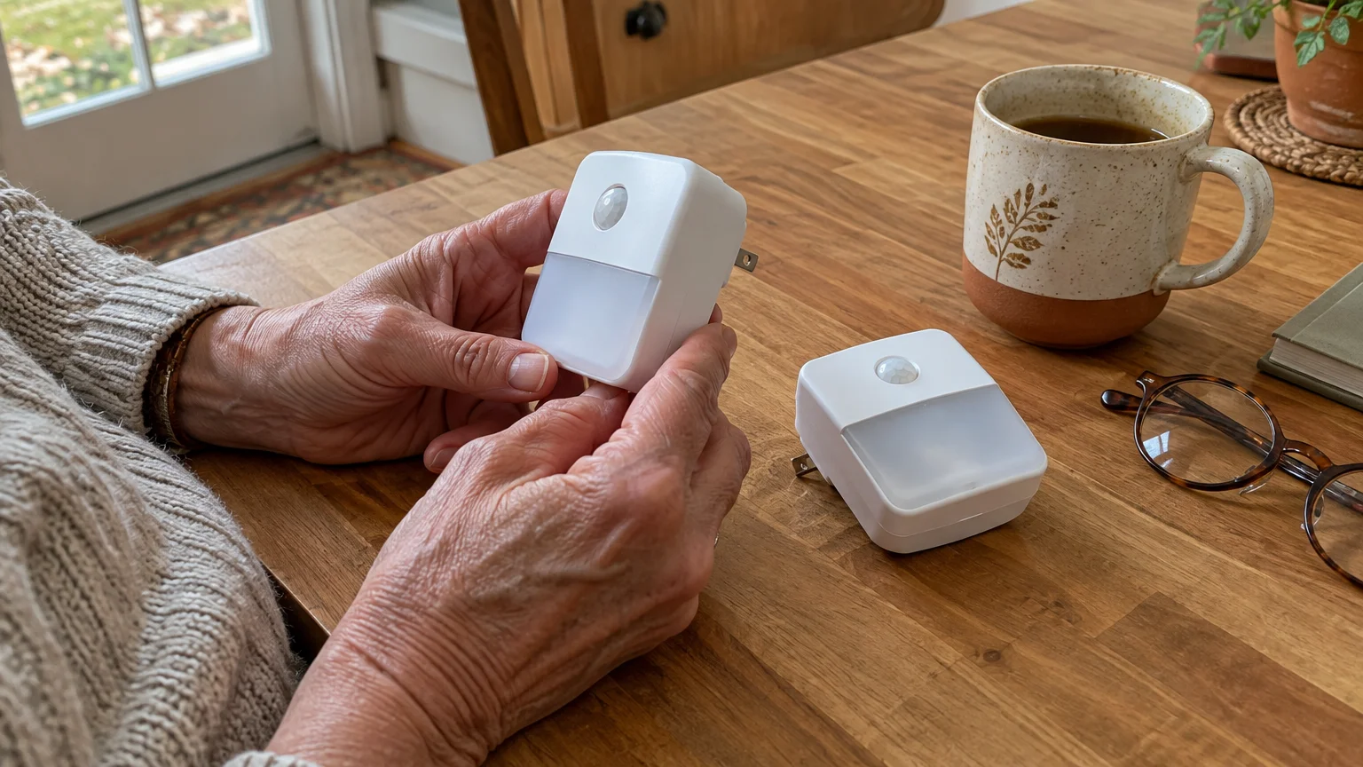 Hands holding a small white plug-in motion sensor night light above a wooden table beside a coffee mug and eyeglasses.
