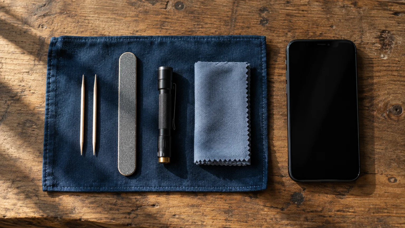 Overhead view of a smartphone, cloth, small flashlight, nail file, and two wooden toothpicks arranged on a blue mat.