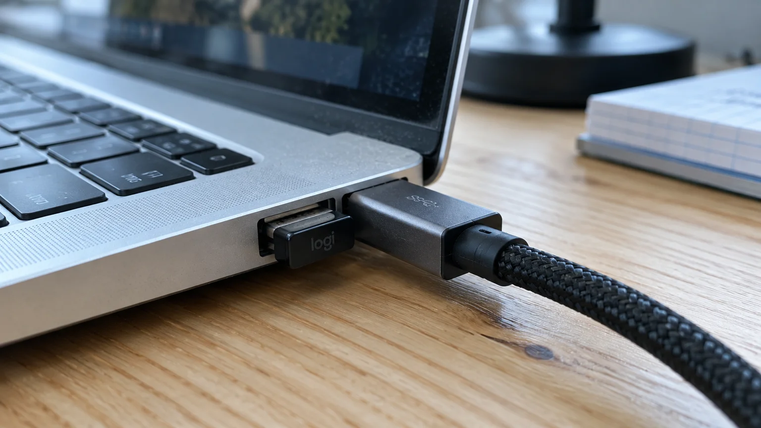 A wireless mouse receiver and a braided USB cable plugged into adjacent ports on the side of a laptop.